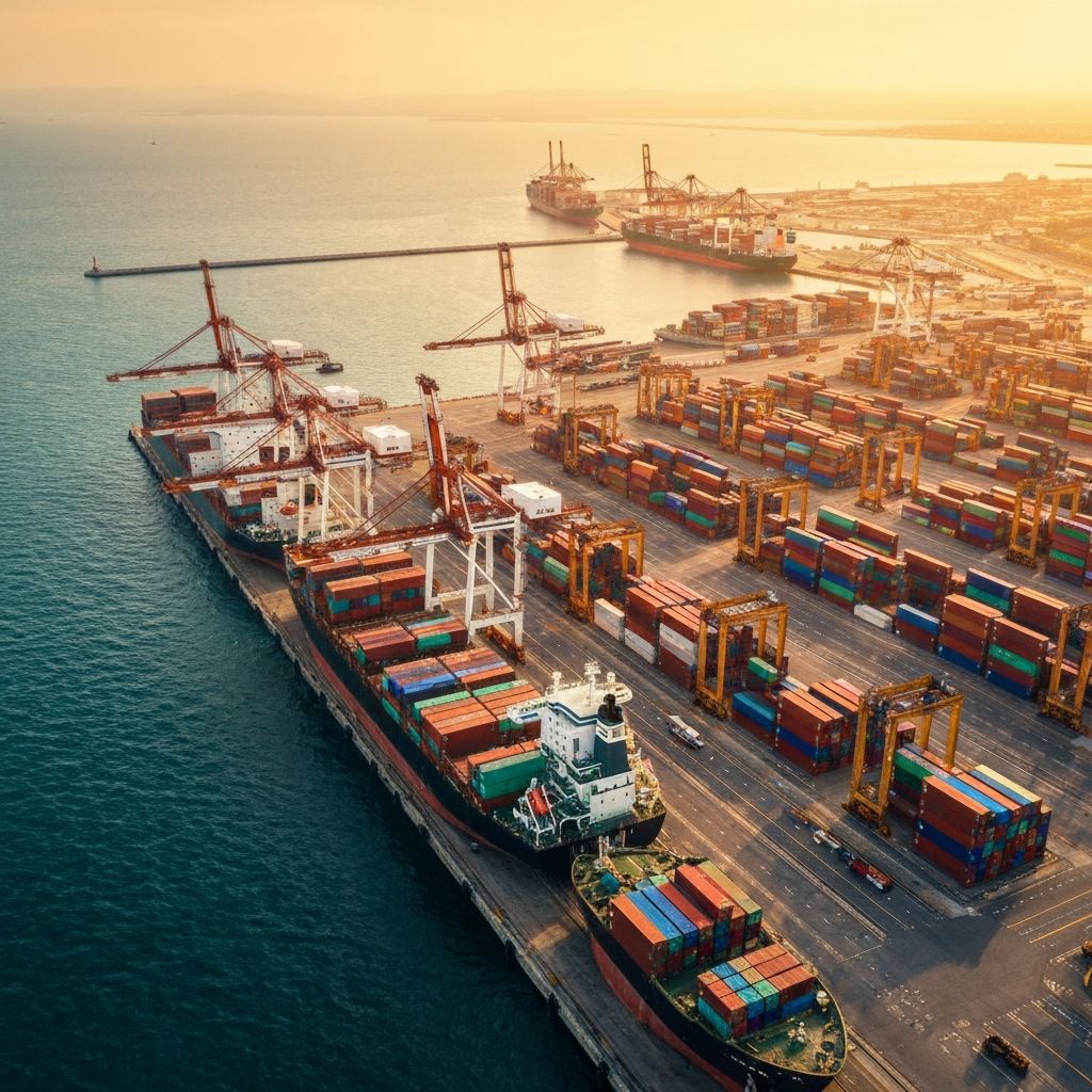 International shipping port with cargo containers